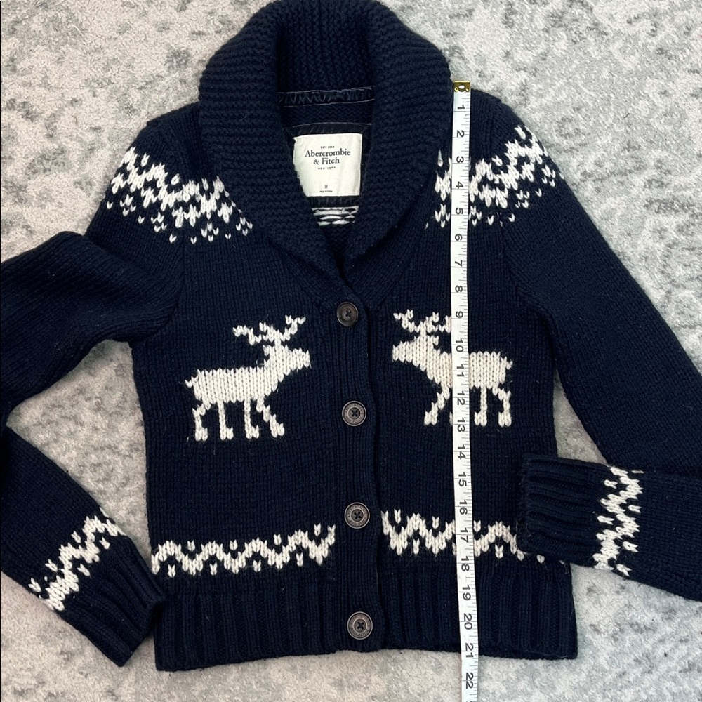 ABERCROMBIE & FITCH FAIR ISLE KNIT CARDIGAN MOOSE WOOL BLEND VELVET NAVY SZ MED - Picture 14 of 15